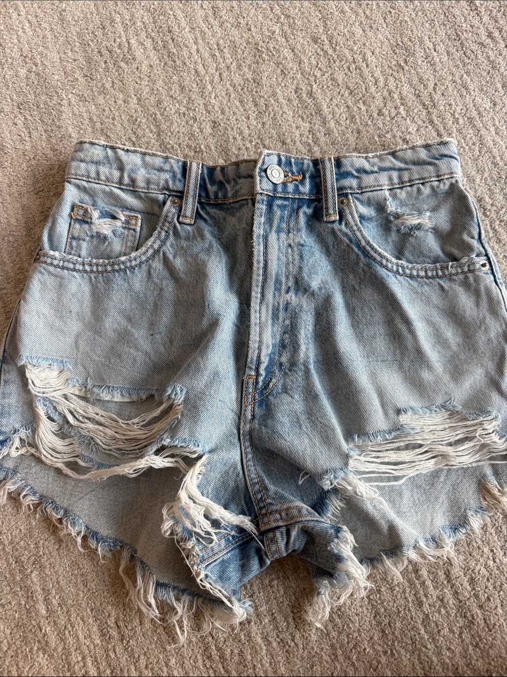 Zara Light Blue Distressed High-Rise Denim Shorts
